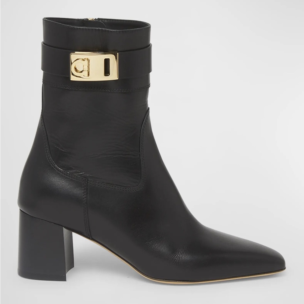 Ferragamo Rol Hug Buckle Ankle Boots in Black Size 6C